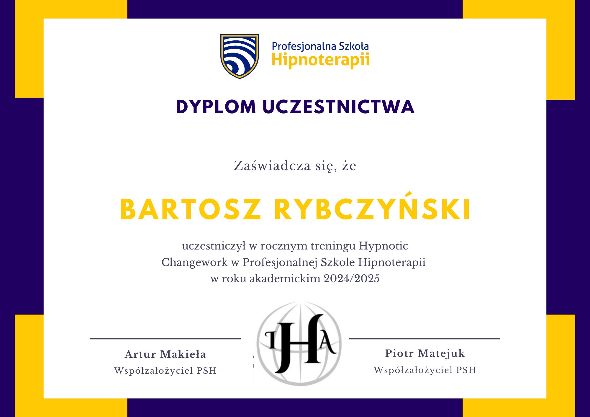 Dyplom Uczestnictwa - Hypnotic Changework, PSH