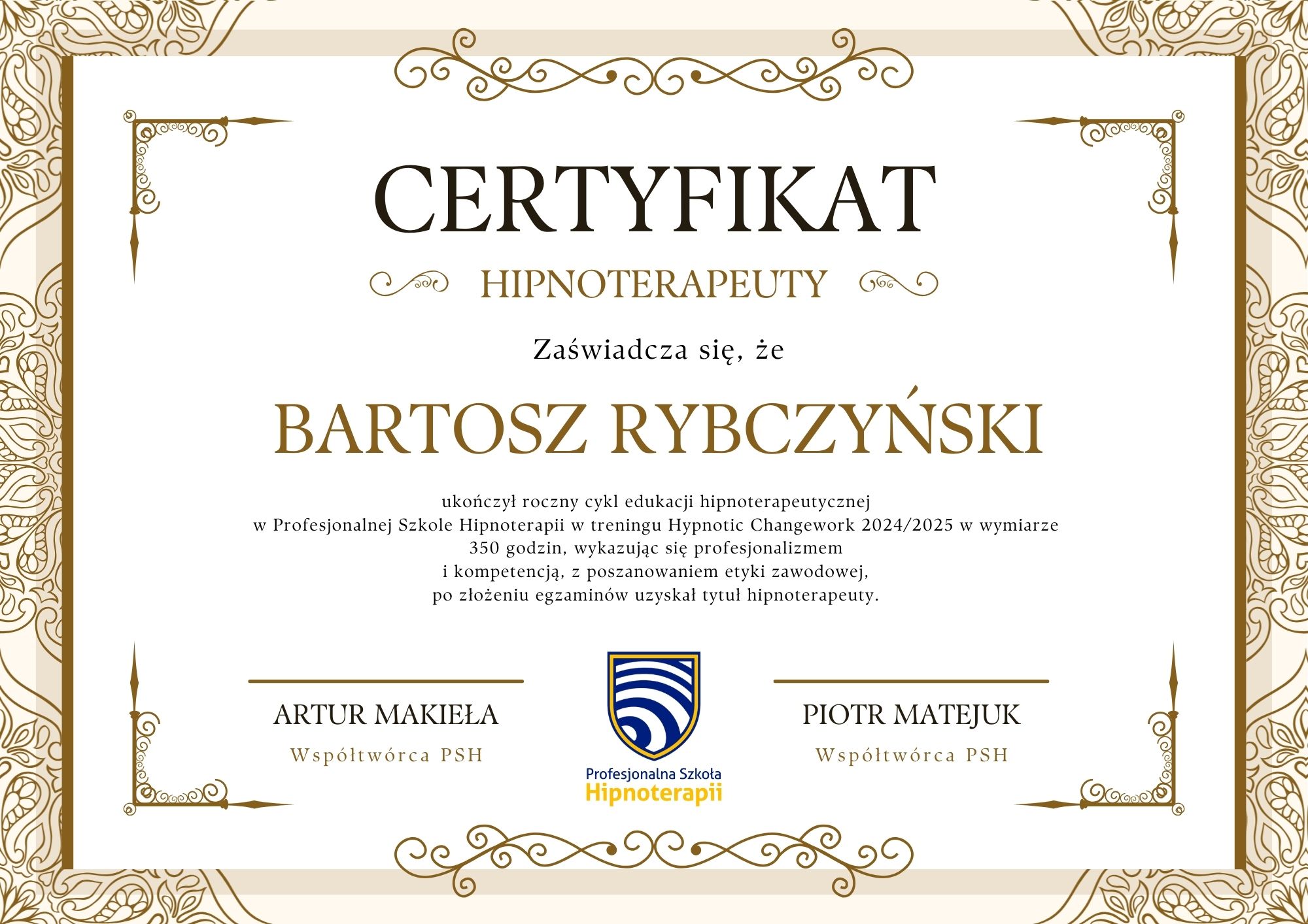 Certyfikat Hipnoterapeuty - Profesjonalna Szkoła Hipnoterapii