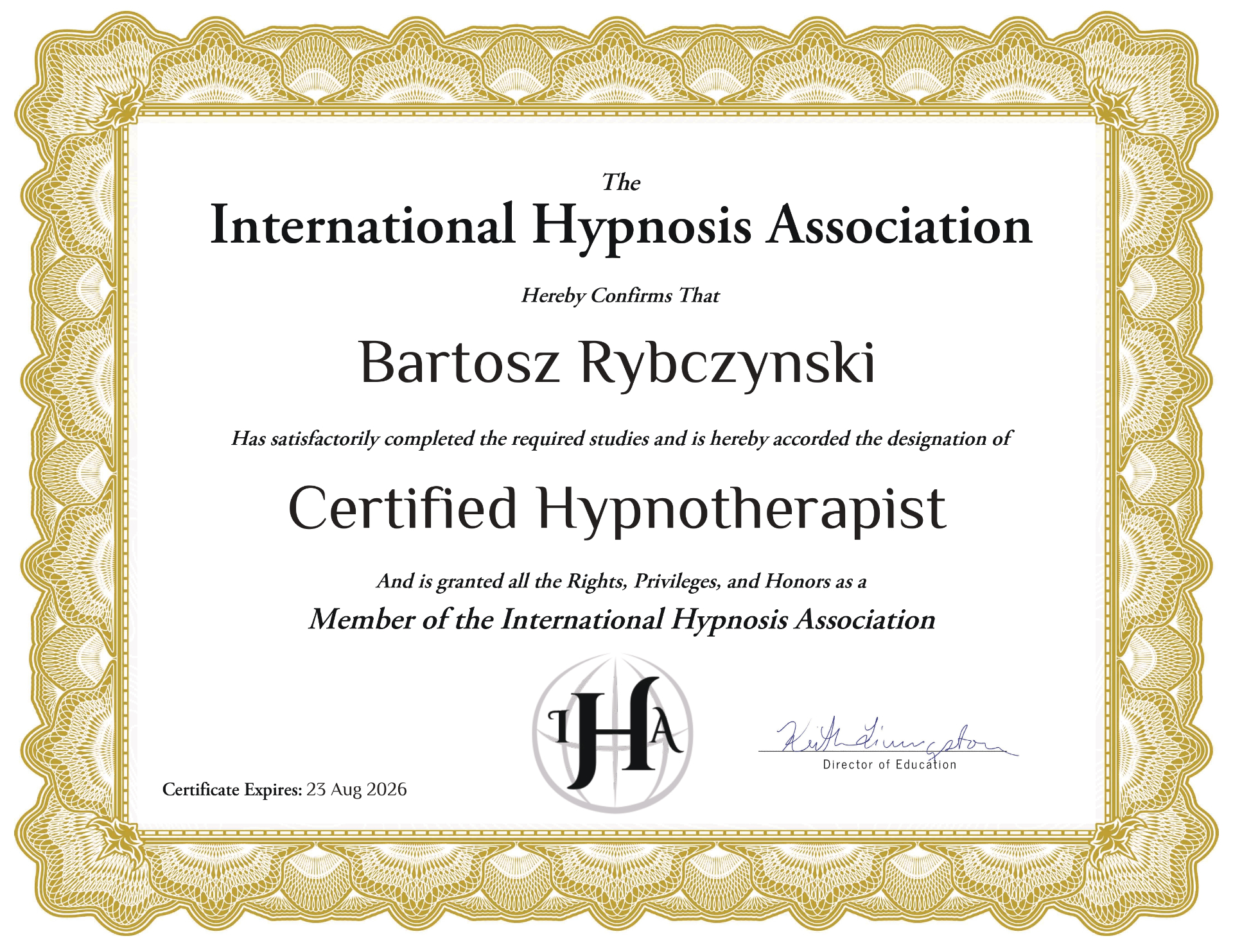 Certified Hypnotherapist - International Hypnosis Association